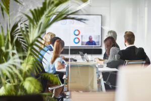 View of a group of people participating in a video conference call.