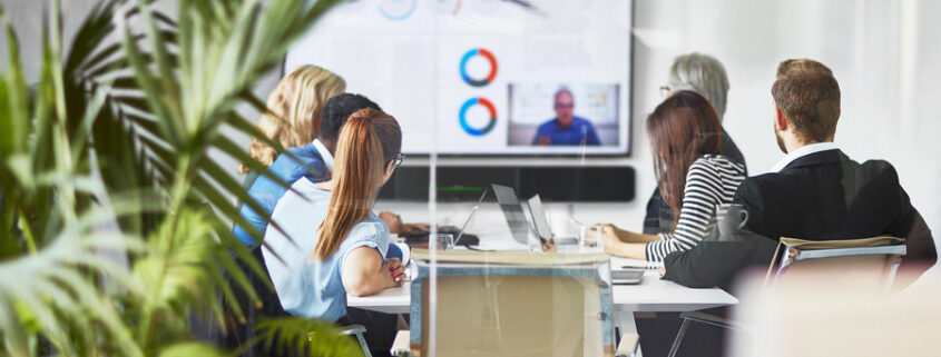 View of a group of people participating in a video conference call.
