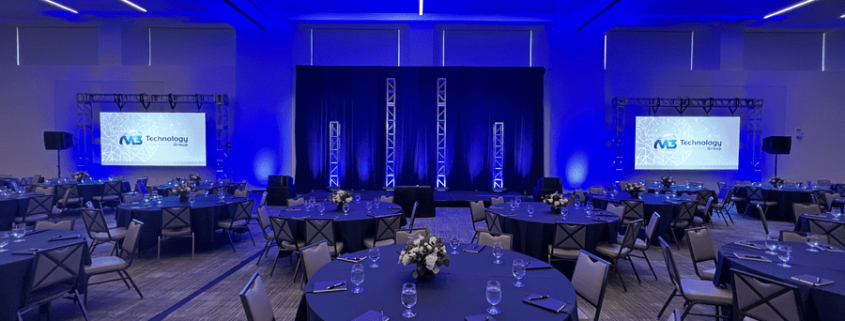 An empty ballroom with several tables and chairs set up for an event with two presentation screens on either side of the stage.