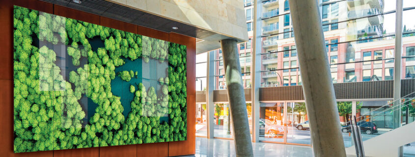 Large business atrium art feature with HD displays that attract visitors’ attention