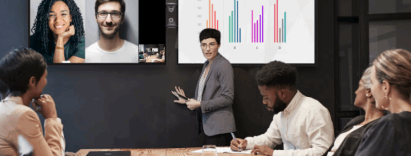 A person is making a presentation in front of a conference room, with remote attendees visible on a display screen.
