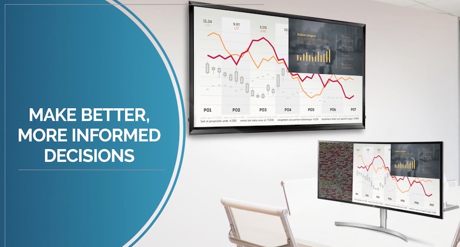 Two displays showing business graphs. The words “Make Better, More Informed Decisions” are on the left side of the image.