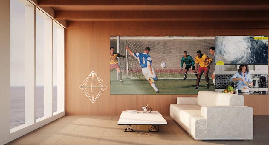 A large wall-mounted screen depicting a soccer game.