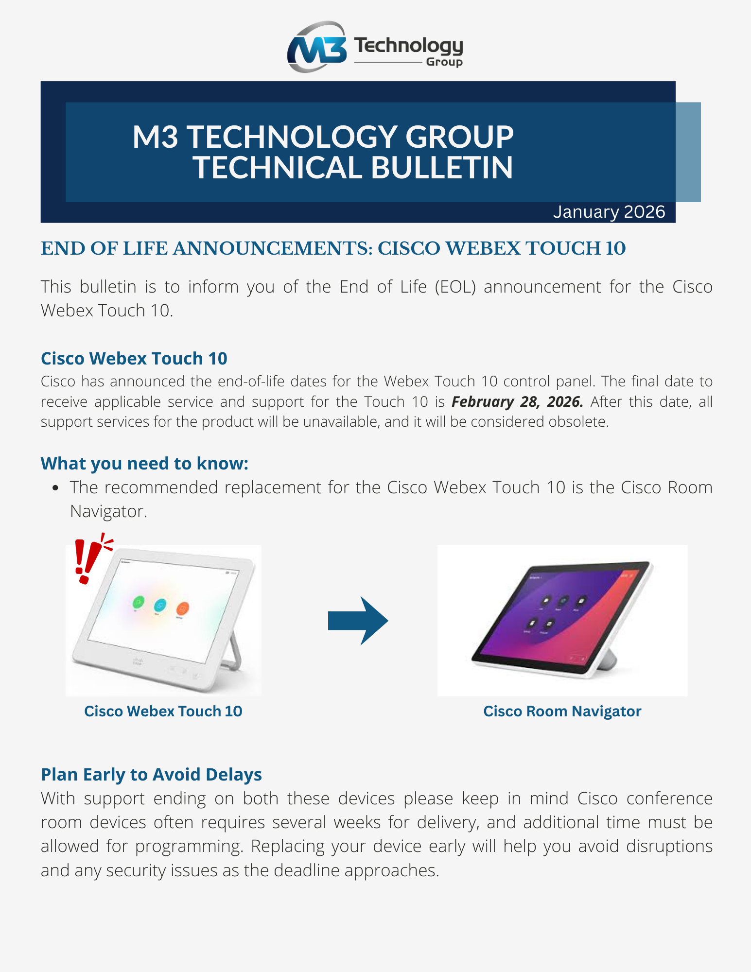 Technical Bulletin: Cisco Webex Touch 10 EOL