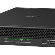 Crestron Collab Compute hardware showing content, output, and power buttons.