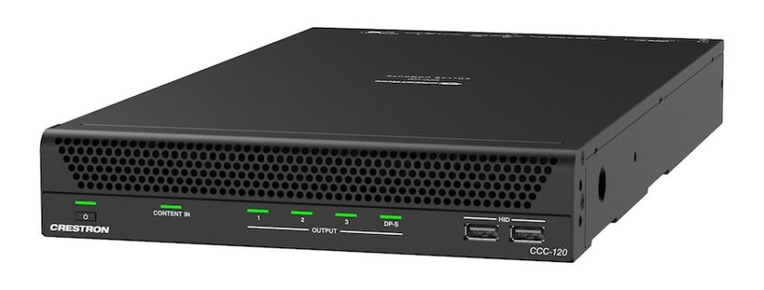 Crestron Collab Compute hardware showing content, output, and power buttons.