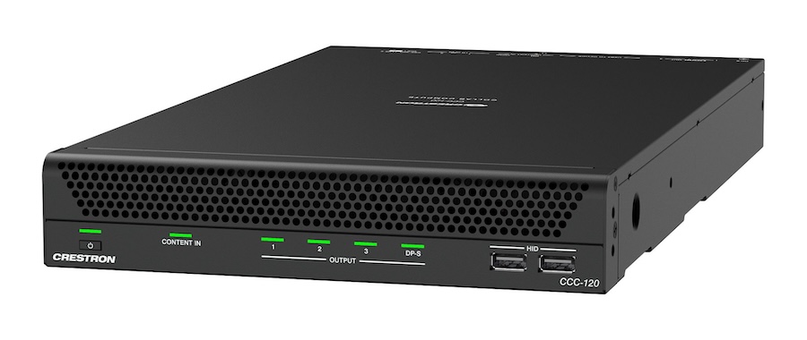 Crestron Collab Compute hardware showing content, output, and power buttons.