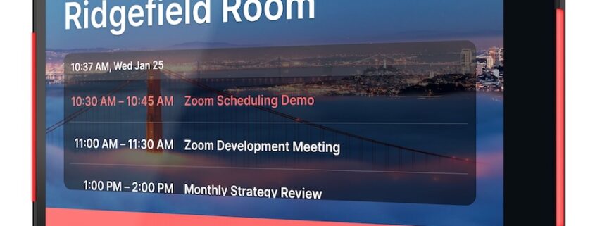 TSS-1080-B Crestron Room Scheduling Touch Screen in black finish, showing availability/busy status