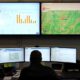 NOC operator monitoring real-time dashboards and telematics maps on a large video wall in a control room.