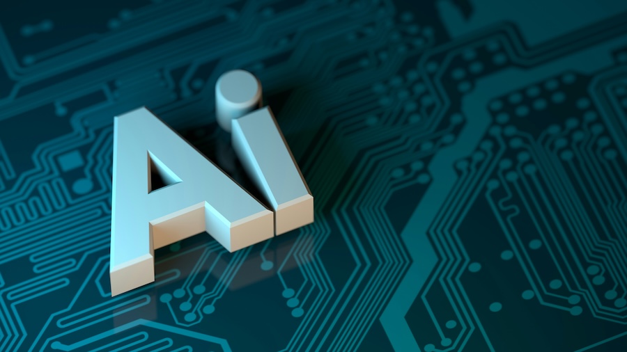 3D AI letters in light blue and tan resting atop a glowing teal circuit board pattern.