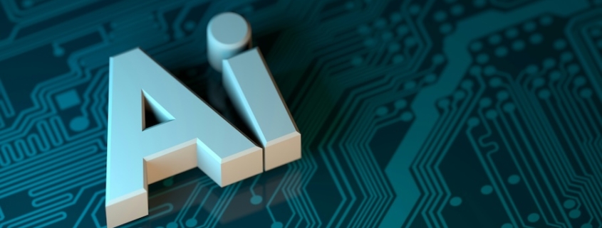 3D AI letters in light blue and tan resting atop a glowing teal circuit board pattern.