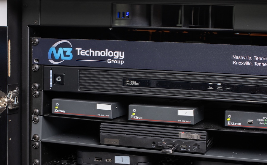 M3 Technology Group AV rack with Extron transmitters and Lenovo ThinkCentre in a Nashville rack room